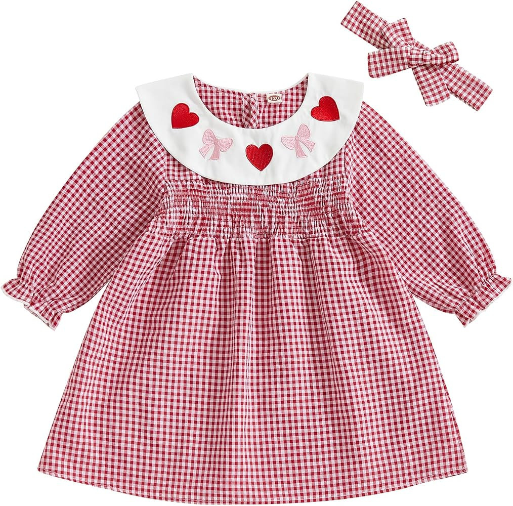 Toddler Baby Girls Valentine's Day Outfits Dot Heart Embroidery Long Sleeve Smocked Dress Headban... | Amazon (US)