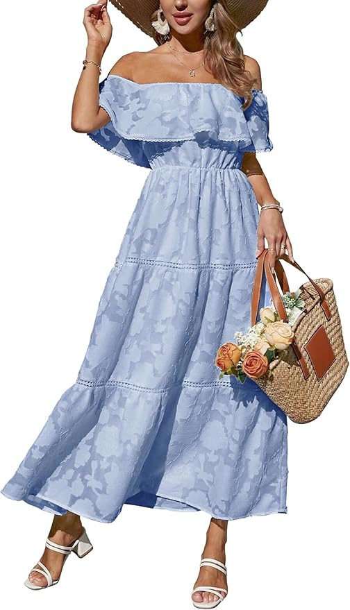 Women's 2024 Summer Dress Off Shoulder High Waist Beach Dress Ruffled Short Sleeve Floral Tiered ... | Amazon (US)