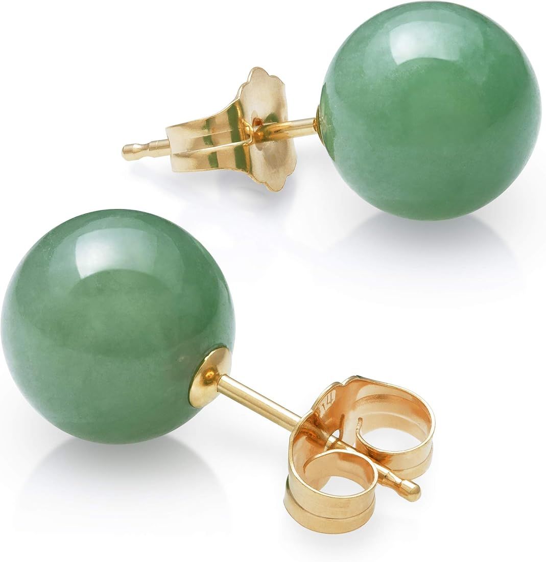 14k Yellow Gold Natural Green Jade Round Stud Earrings | Amazon (US)