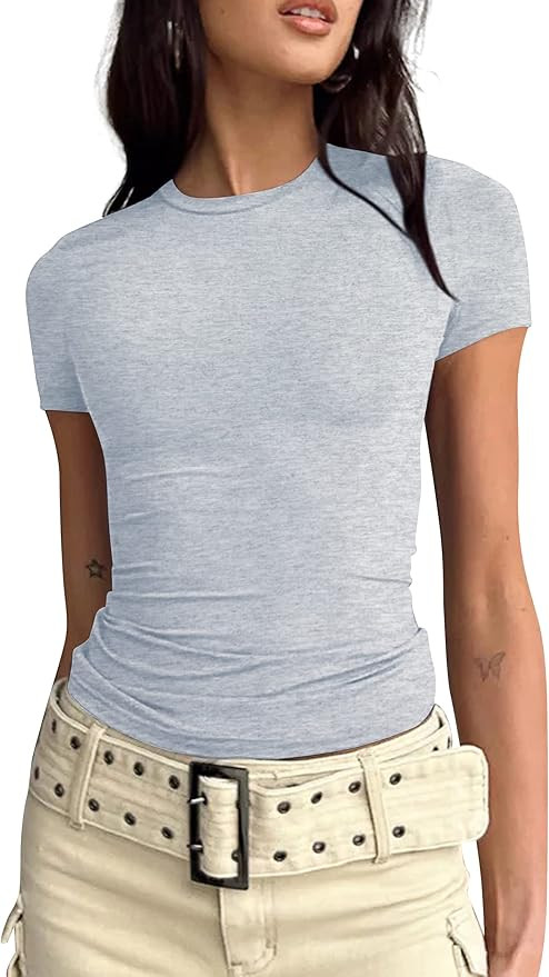 BAIGRAM Women’s Basic Slim fit Crop Top Tee Shirt Short Sleeve Workout Round Neck Cropped Tshir... | Amazon (US)