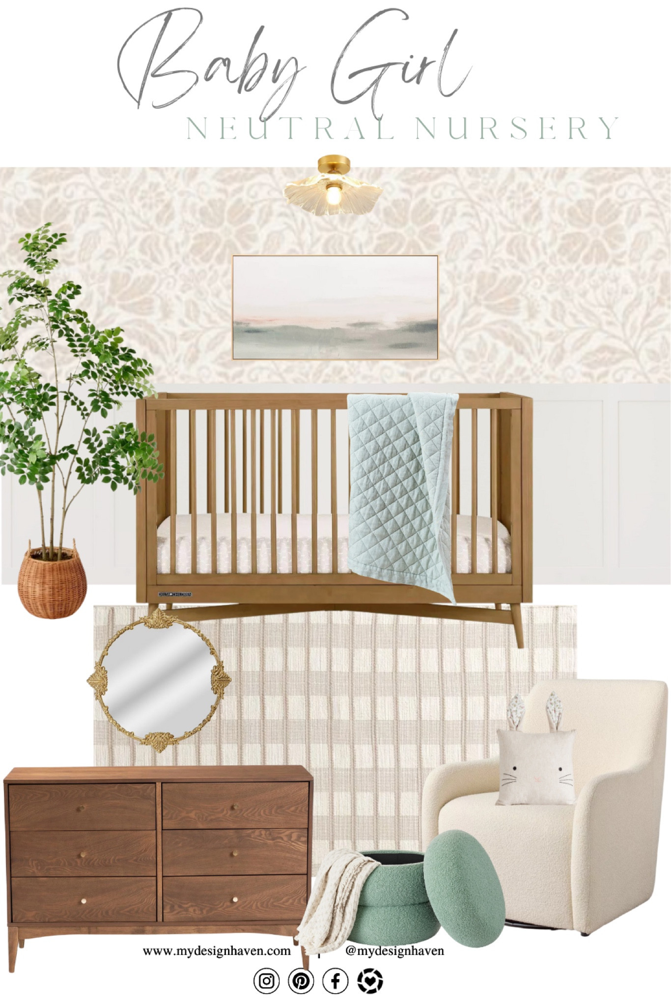Have a baby girl on the way, but don’t like all things girly? This neutral nursery design is the perfect combination of peaceful, cozy and calm. Welcome your baby girl with neutral hues and a splash of sage. With walnut making a comeback, the hue allows for a perfect balance of light and dark tones.

#LTKBaby #LTKBump #LTKHome