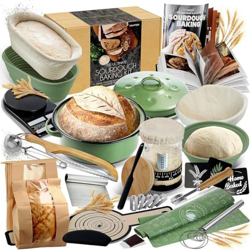 All-Inclusive 𝗣𝗥𝗘𝗠𝗜𝗨𝗠 Sourdough Starter Kit with Pot, 34 Oz Starter Jar, 4 Banneton Bread Proofing Baskets, Scraper, Scale, Sourdough Bread Baking Supplies, Detailed Beginner Guide & Recipes | Amazon (US)
