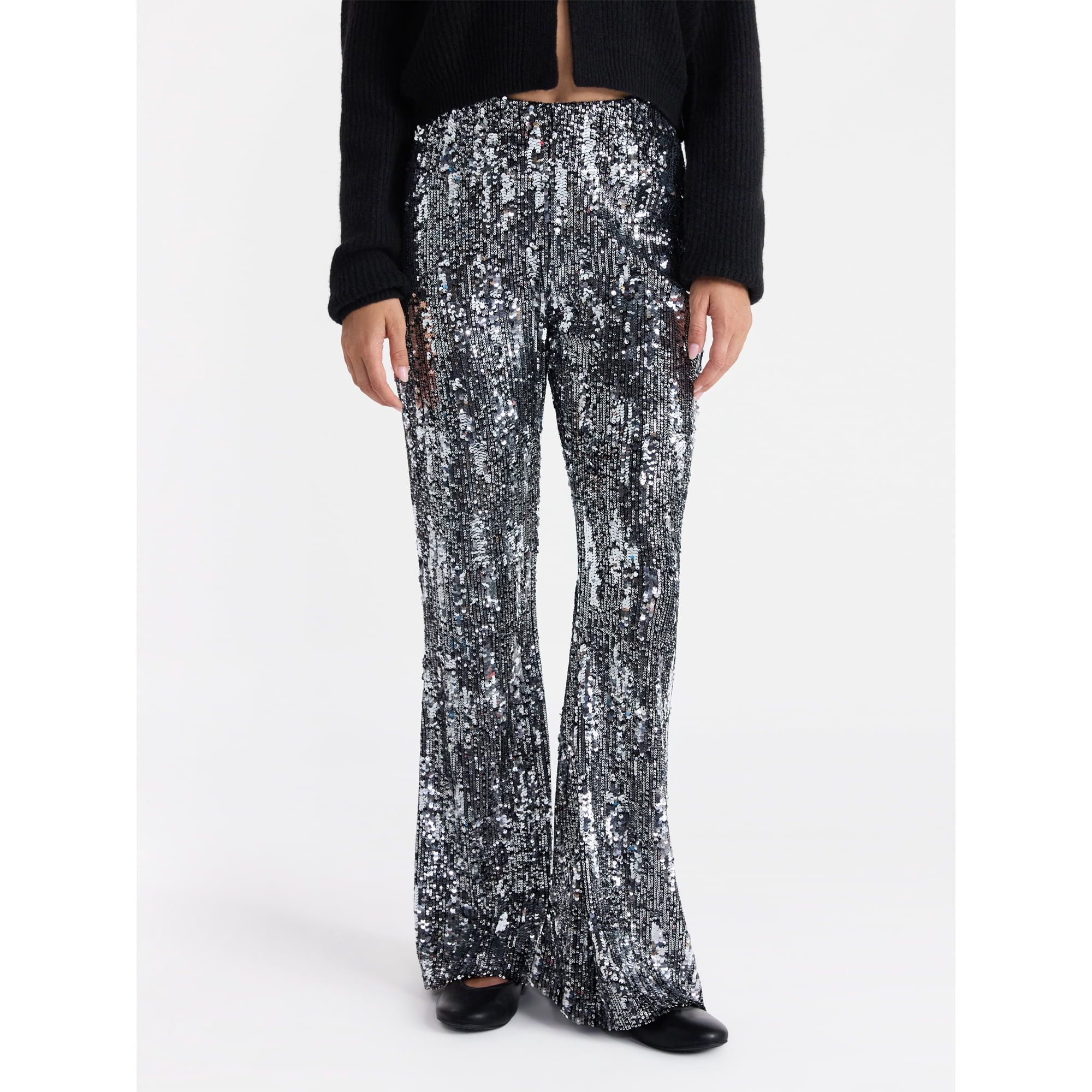 No Boundaries Sequin Flare Pants, Women's and Women's Plus | Walmart (US)