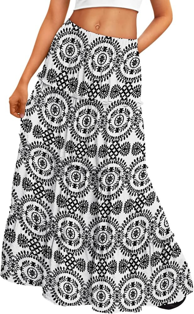 Trendy Queen Vacation Outfits Long Skirts for Women Boho Maxi Skirt Elastic High Waist Dress with... | Amazon (US)