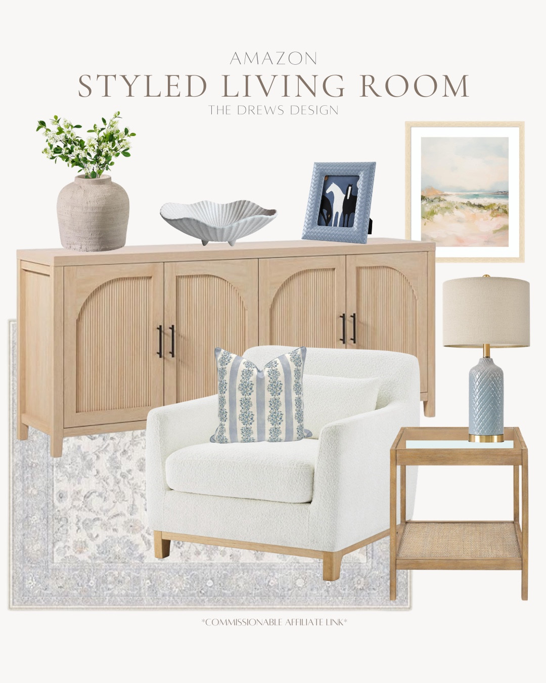 Styled living room includes area rug, side table, table lamps, accent chairs, pillow, sideboard, frame, wall art, decorative bowl, vase, floral stems.

Home decor, looks for less, coastal home, styled luving room

#LTKvlog #LTKSeasonal #LTKHome
