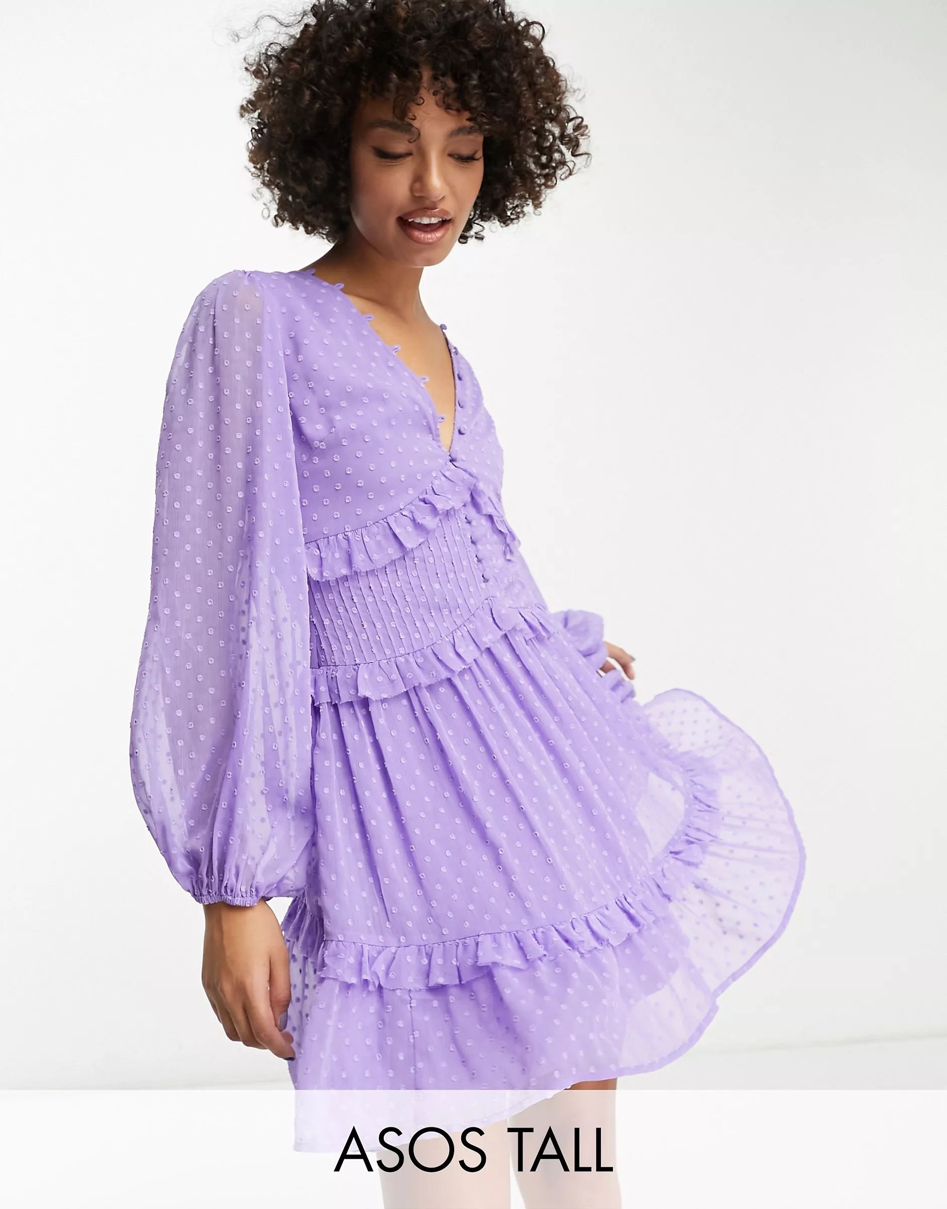 ASOS DESIGN Tall button through pintuck mini textured dress in purple | ASOS (Global)