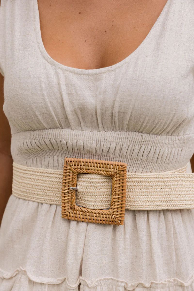 By The Coast Ivory Woven Square Buckle Rattan Belt | Pink Lily