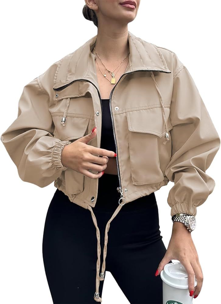 Tankaneo Womens Cropped Jacket Zip Up Lightweight Oversized Utility Anorak Coat with Pockets | Amazon (US)