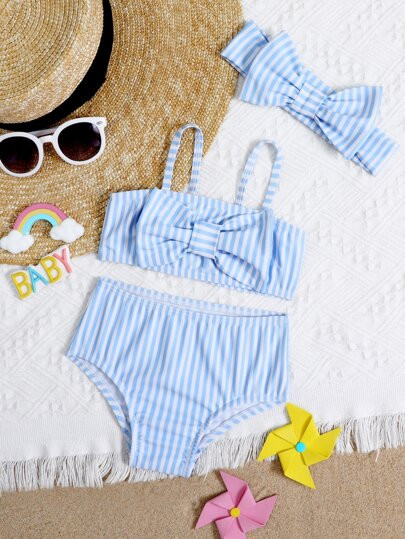 Baby Girl Striped Bow Front Bikini Swimsuit With Headband | SHEIN