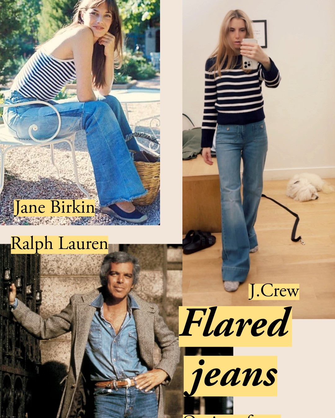 Inspired by Kendrick’s Celine Super Bowl jeans, I dug into history for a mood board. I’m wearing the J.crew sailor jeans sized down to 25 from the usual 26. The shape is somewhere between sailor and flare. 💙 classicstyle | JCrew | flares | jeans

#LTKStyleTip #LTKFindsUnder100 #LTKMostLoved