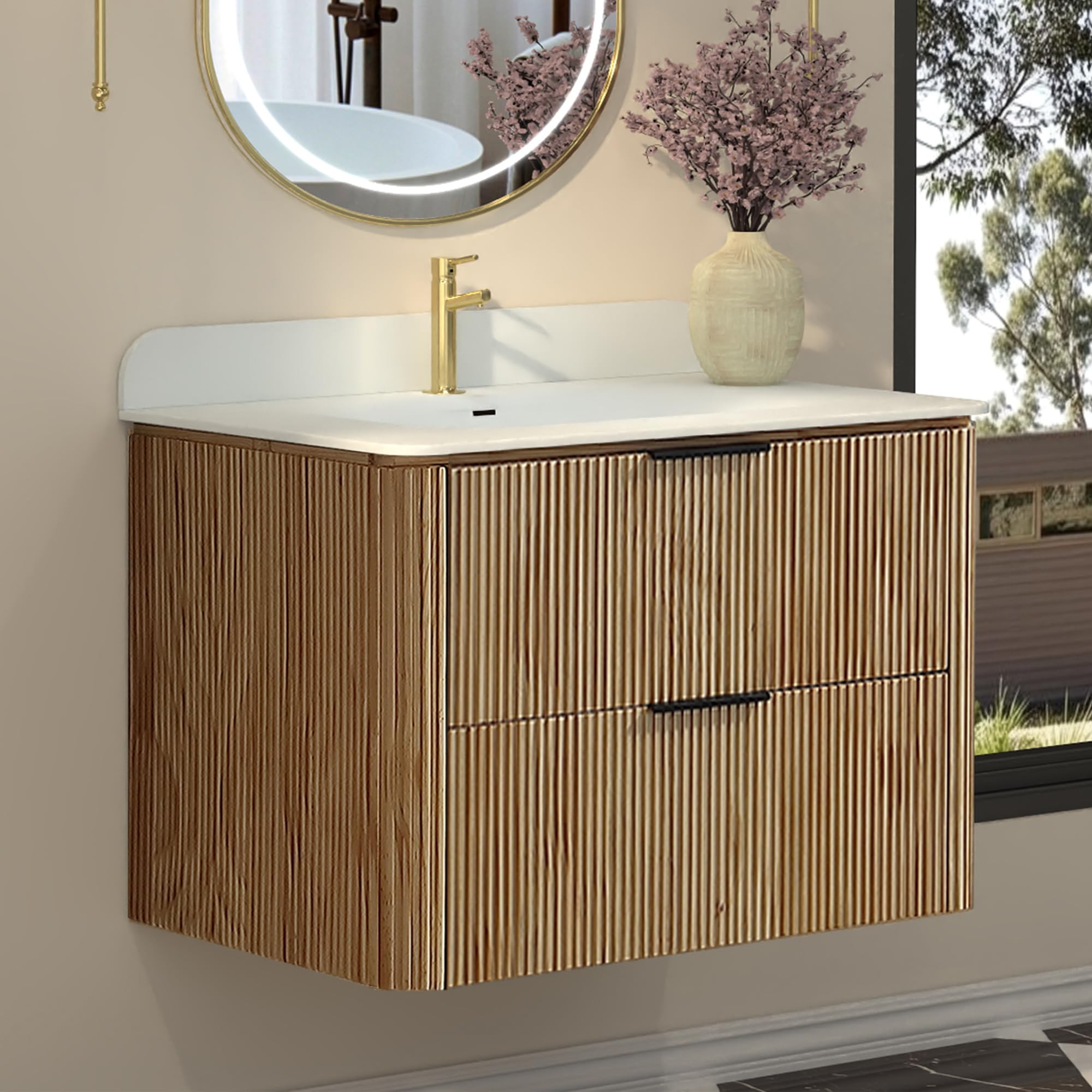 30" Floating Bathroom Vanity with Acrylic Sink, Modern Wall-Mounted Bathroom Cabinet with 2 Flute... | Amazon (US)