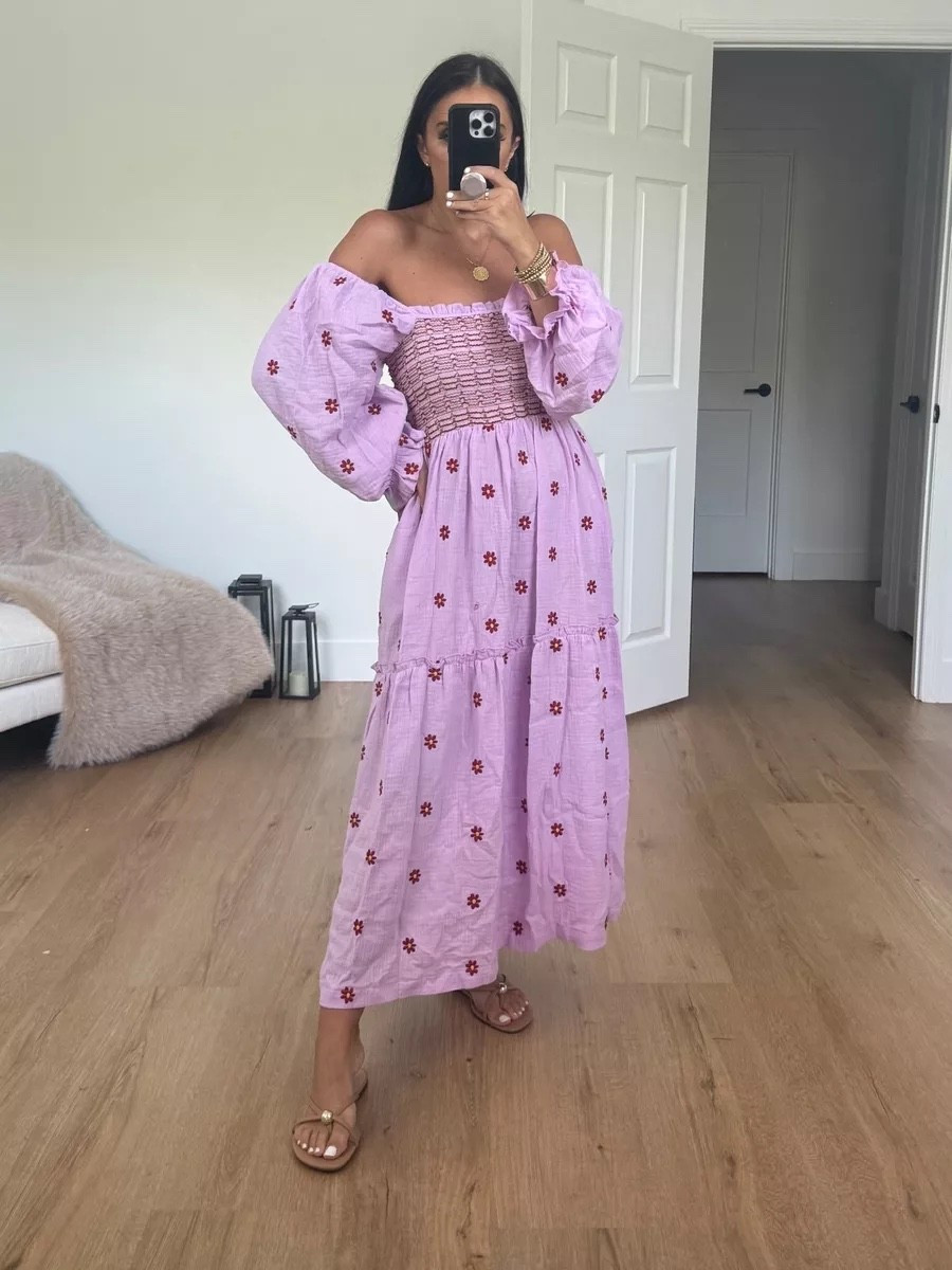 Dress from amazon. Gives free people vibes. Long Sleeve Cotton Boho Midi Dress Vintage Square Neck Floral Embroidered Tiered Ruffle Flowy Pockets Dress. Wearing size medium

