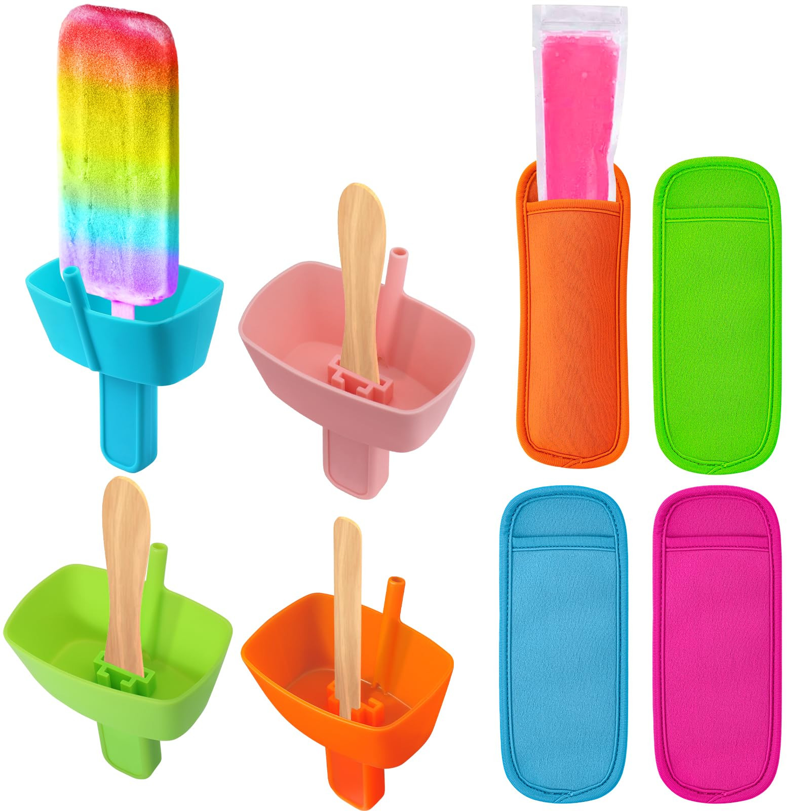 AIERSA 8pcs Popsicle Holders and Ice Pop Sleeves Set for kids No Drip, Silicone Popsicle Holder w... | Amazon (US)