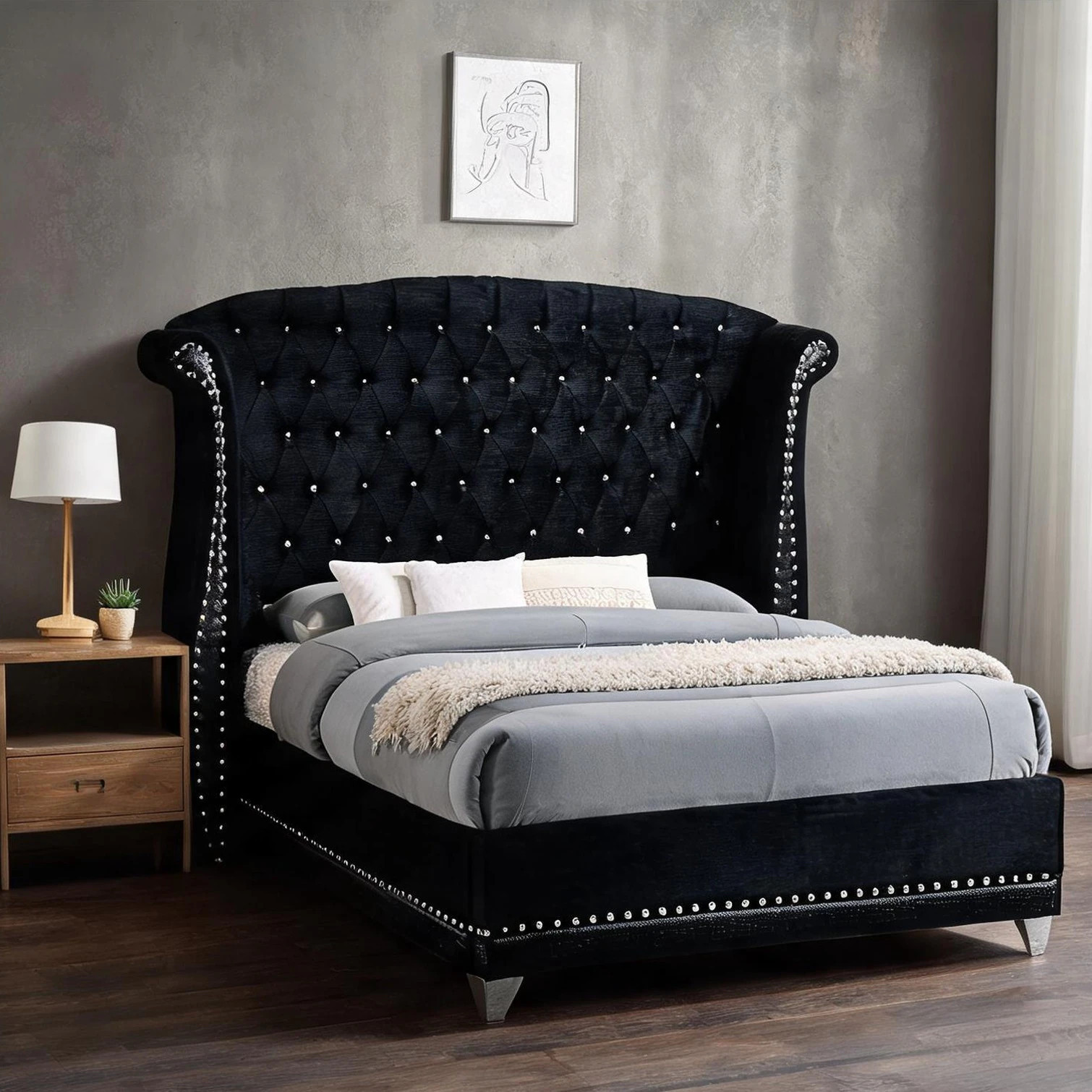 SunJet California King Upholstered Bed in Jet Black with Button-Tufted Headboard for Glamorous Bedrooms one_size | IRDNDVFF2CGJ | Lowe's