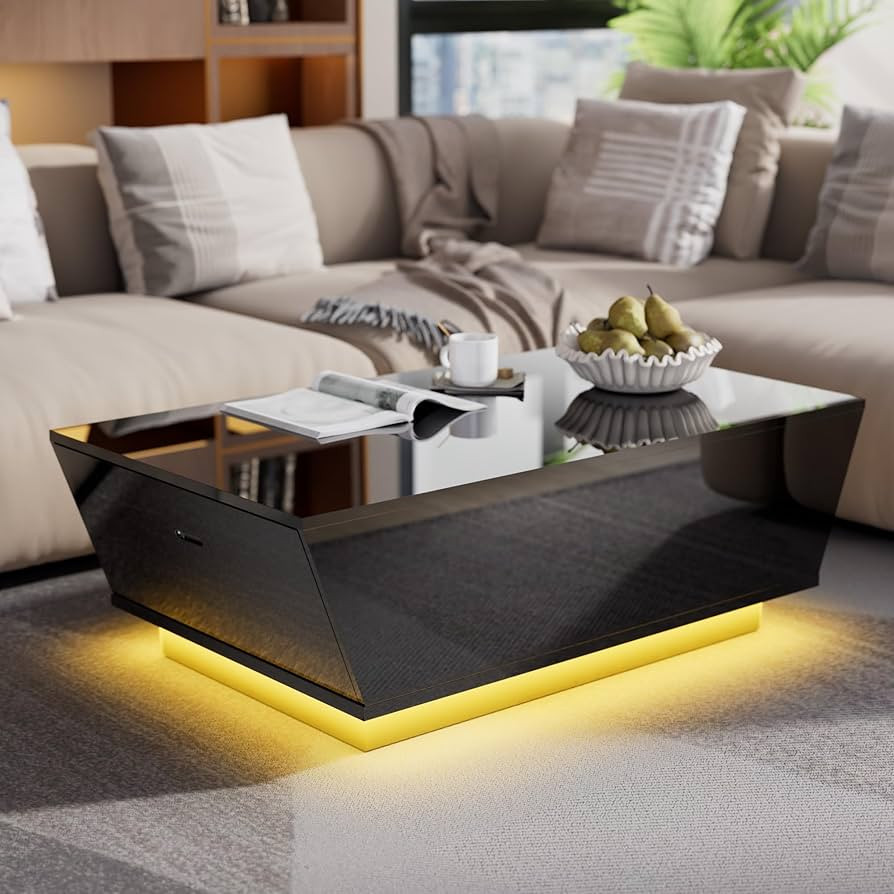 Cozy Castle High Gloss Coffee Table with LED, Modern Center Table with 2 Large Hidden Storage Dra... | Amazon (US)