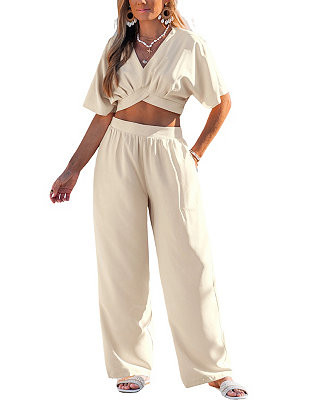 Women's Short Sleeve Crop Top & Wide-Leg Pants Matching Set | Macy's