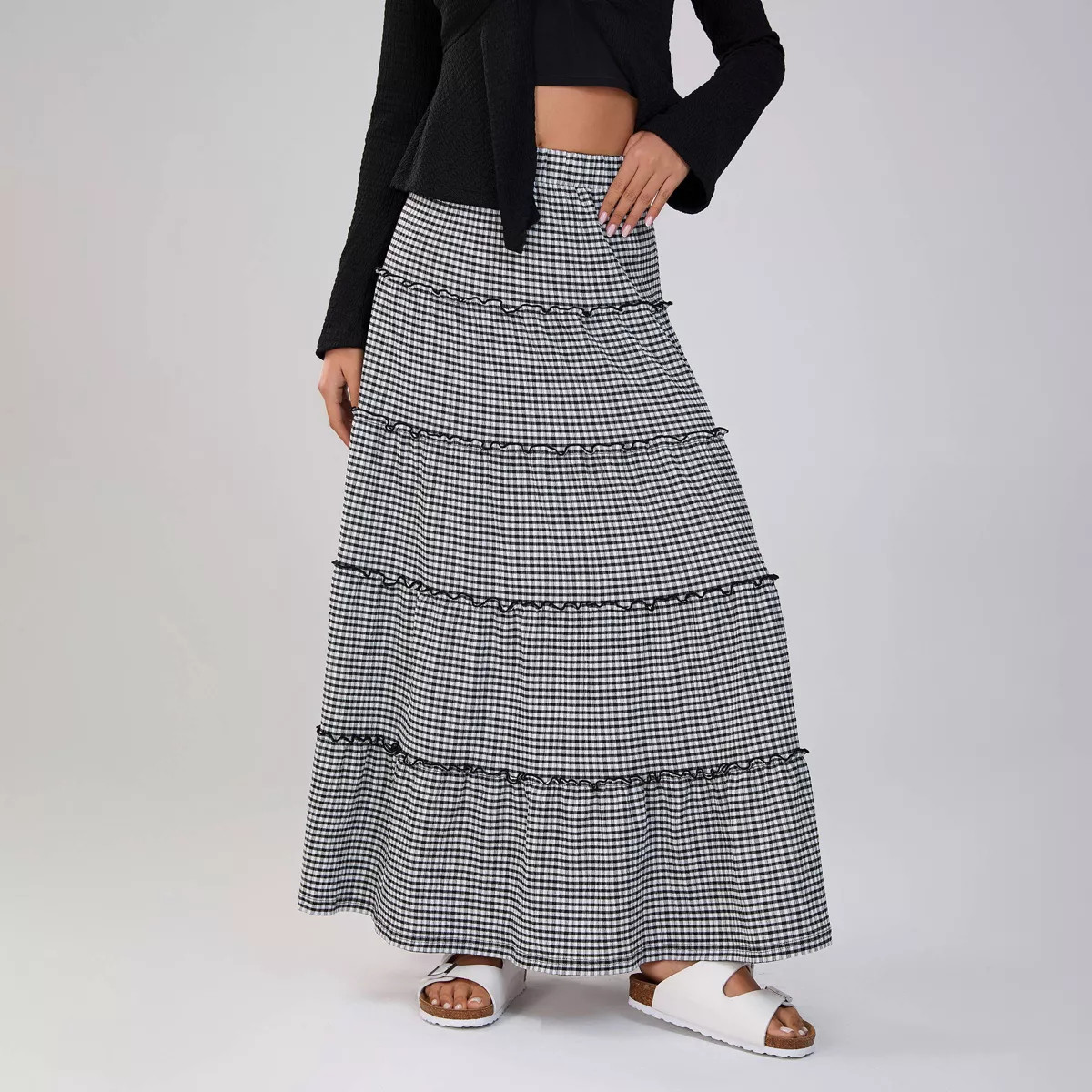 Women's Elastic Waist Check Tiered Ruffle Hem Maxi Skirt - Wild Fable™ Black XS | Target
