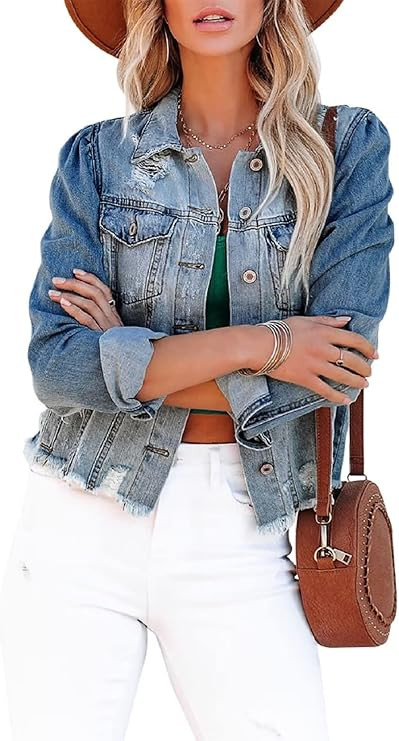 ZOLUCKY Womens Denim Jacket Distressed Frayed Ripped Jean Jacket Casual Button Down Light Jackets | Amazon (US)