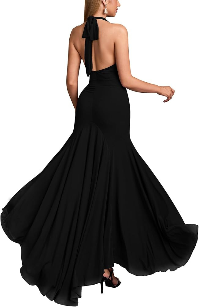 HTZMO Women Formal Sexy V Neck Halter Tie Maxi Dress Bodycon Flowy Wedding Guest Cocktail Elegant... | Amazon (US)