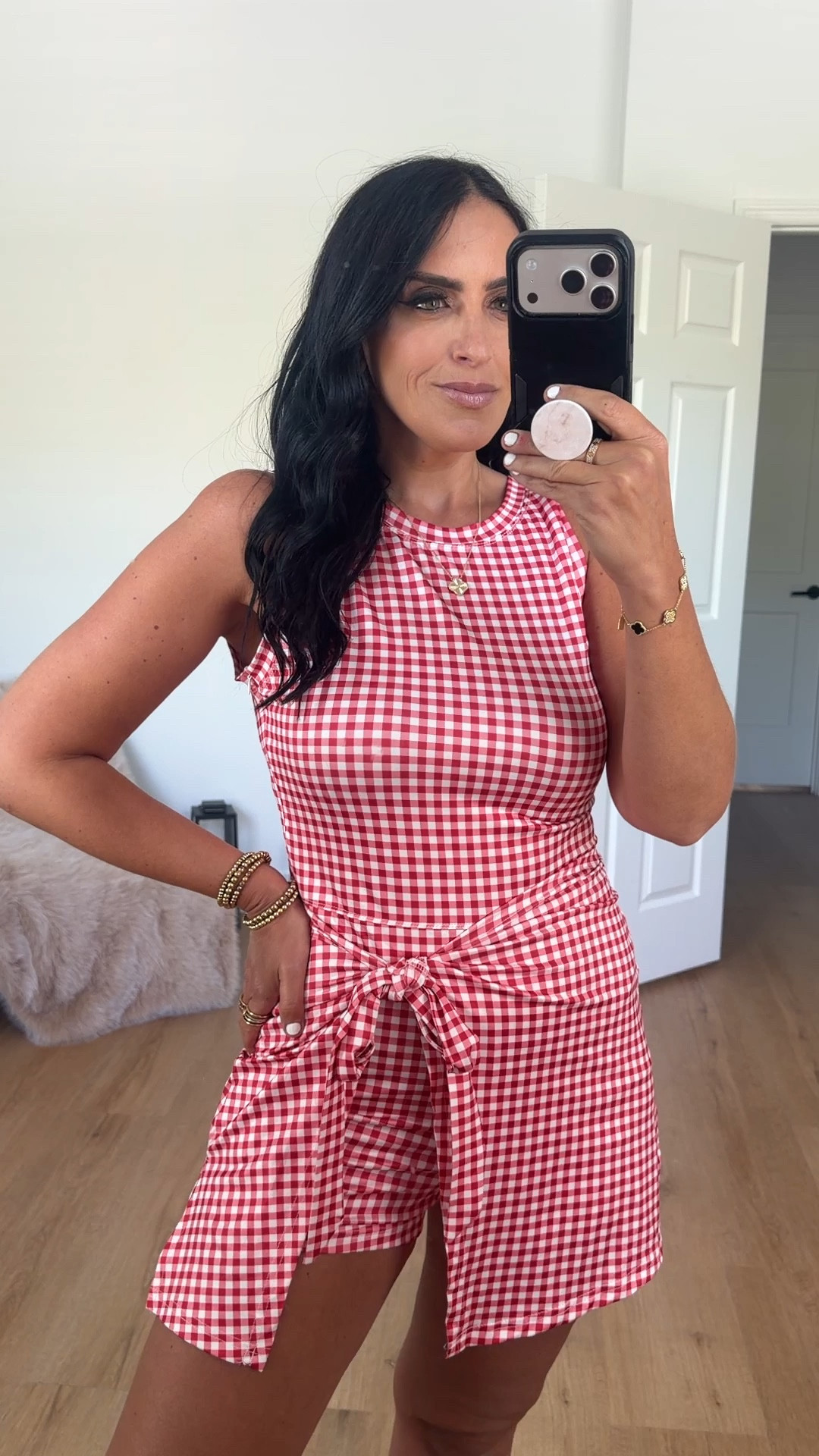 Summer red gingham wrap tie romper skort dress from Amazon wearing size medium. Perfect for Disney 