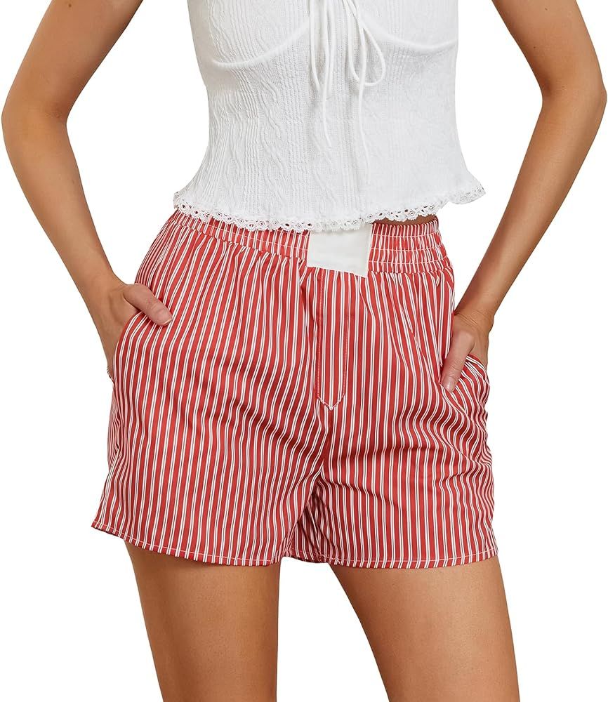 Womens Y2k Gingham Boxer Shorts Striped Plaid Elastic Low Waist Pajamas Shorts Pj Cute Lounge Bot... | Amazon (US)