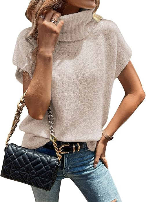 WDIRARA Women's Turtleneck Cap Sleeve Sweater Vest Pullover Knitted Top Loose Oversized Knitwear | Amazon (US)