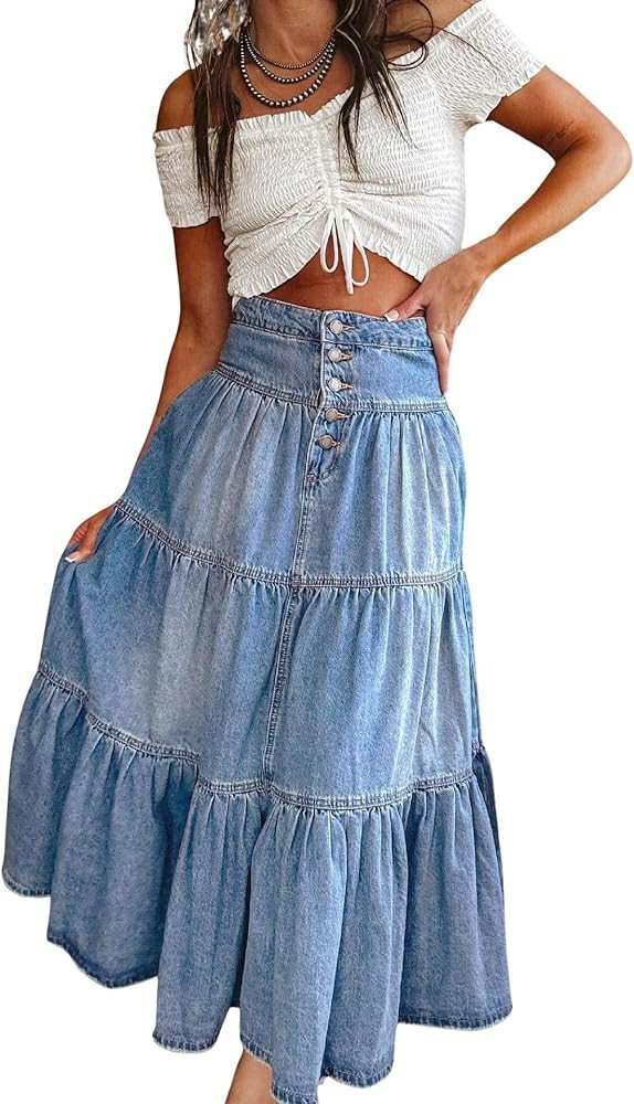 chouyatou Women's Boho Frayed Tiered Denim Skirt Pleated Ruffle A Line Swing Skirt Y2k Maxi Long ... | Amazon (US)