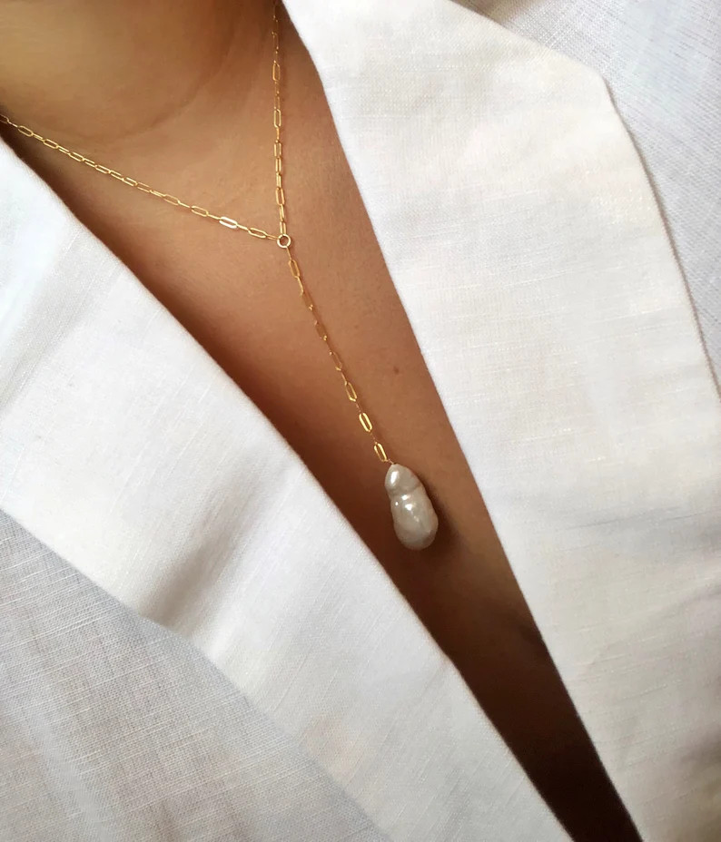 Baroque Pearl Necklace, 14k Gold Filled, Sterling Silver, Rectangle Link Chain, Bridal Jewelry, L... | Etsy (Global)
