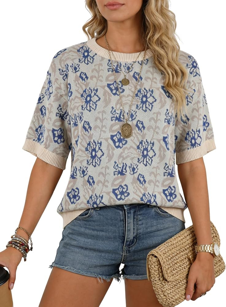 Women's Short Sleeve Floral Sweater Loose Casual Boho Crewneck Knit Pullover Top 2026 Summer Shir... | Amazon (US)