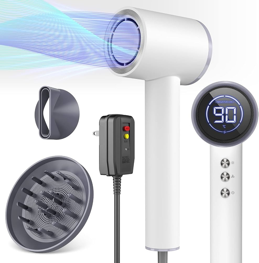 High-speed Ionic Hair Dryer with Diffuser, 1600W, LED Display, Portable for Travel & Home Salon -... | Amazon (US)