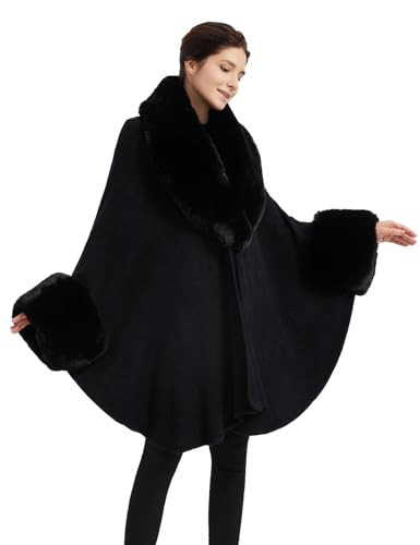SUFCOMOU Women Cape Poncho with Fur Trim Winter Faux Fur Shawl Wrap Coat Sleeveless Cardigan Cloak (Black) | Amazon (US)