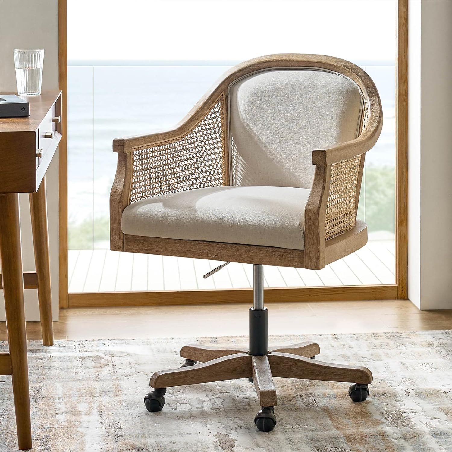 TINA'S HOME Rattan Desk Chair, Upholstered Home Office Chair with Armrest, Adjustable Swivel Roll... | Amazon (US)