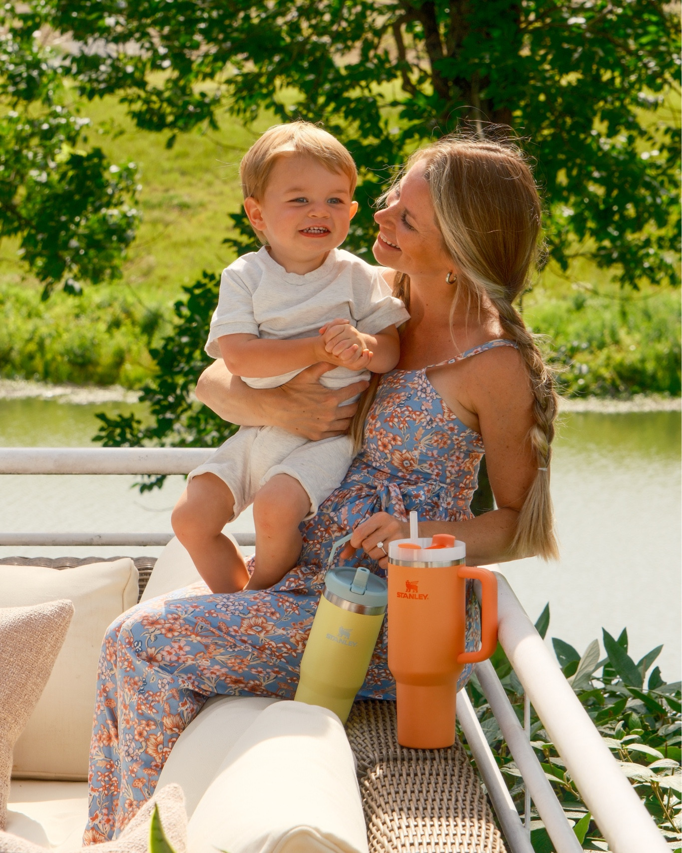Got our new @stanley_brand cups in for summer! ☀️ Love my new 40 oz Quencher in nectarine 🍊and the 30 oz Ice Flow in pomelo 🍋 Keeps us hydrated at home and always with me in the car 👌🏼 