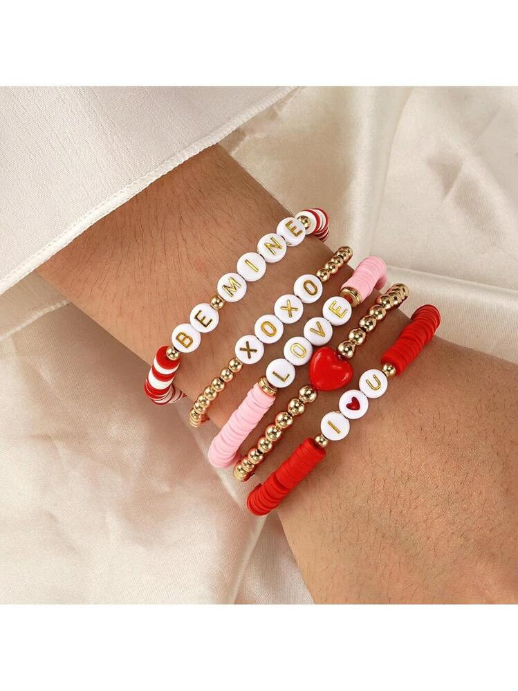 1-5PCS/Set Bohemian Gold Bead Bracelet,4/5mm CCB Gold Beads 6mm Soft Pottery Bracelet,Red Heart, ... | SHEIN