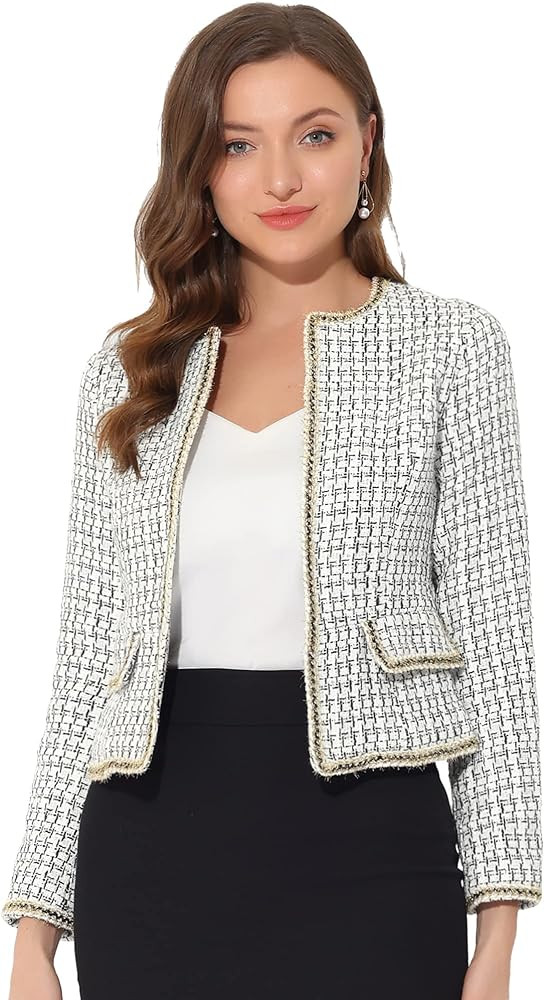 Allegra K Women's Plaid Tweed Blazer Long Sleeve Open Front Work Office Short Jacket | Amazon (US)