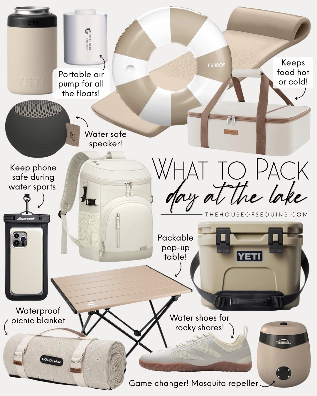 What to pack for a day at the lake! Lake trip essentials, camping essentials, summer fun pool float, portable table, yeti cooler, drink koozi, picnic blanket, insulated backpack, food tote picnic bag, water shoes, mosquito repellant, portable speaker and more! 

#LTKFindsUnder100 #LTKSeasonal #LTKFindsUnder50