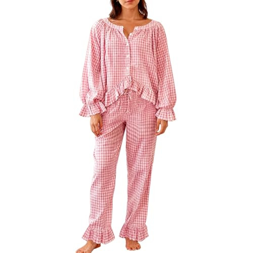 WOWULOVELY Womens Long Sleeve Gingham Pajama Set 2 Piece Plaid Cotton Babydoll Shirt and Leg Pant... | Amazon (US)