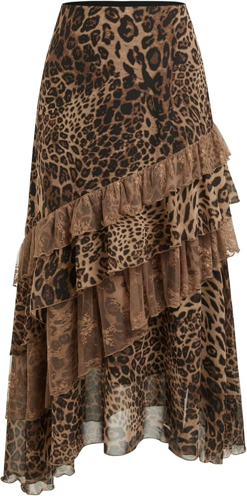 CIDER Chiffon High Rise Leopard Print Layered Maxi Skirt: Coffee, M | Amazon (US)