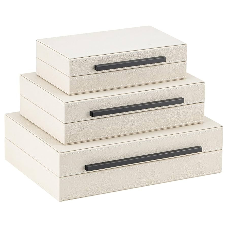 Set of 3 Beige Shagreen Decorative Storage Boxes with Black Metal Handles –Faux Leather Large M... | Amazon (US)