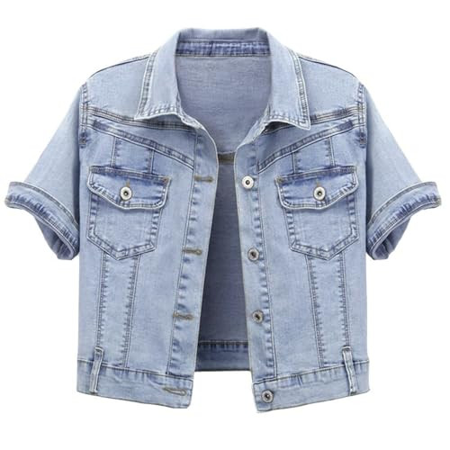 Omoone Women's Summer Short Sleeve Crop Denim Trucker Jacket Jean Coat Tops(LightBlue-L) | Amazon (US)