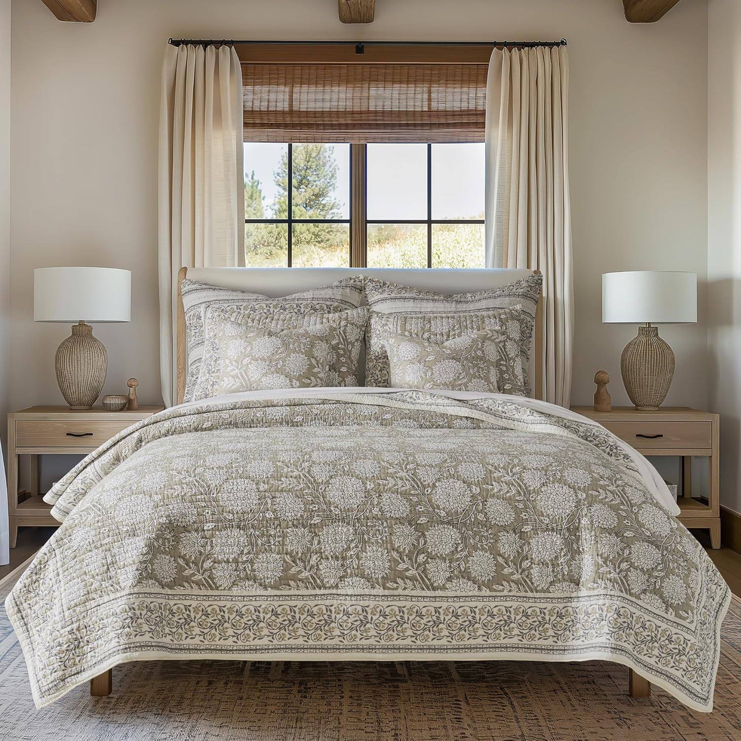 Levtex Home Adare Taupe Reversible Full/Queen Quilt Set (88x92in) and 2 Pillow Shams (26x20in) - Floral Bedding - Taupe White - Cotton Full/Queen Size Quilt Bedding Set - Lightweight, Soft, Pre-Washed | Amazon (US)