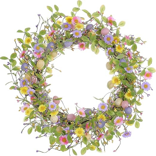 LLZLL 20" Easter Egg Wreath,Artificial Easter Wreaths for Front Door Colorful Daisy Flower Wreath... | Amazon (US)