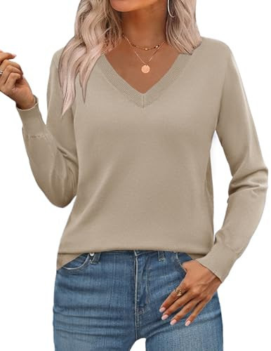 Zeagoo Women's 2025 Fall V Neck Sweater Trendy Long Sleeve Casual Lightweight Ribbed Knit Pullover Tops Coffee | Amazon (US)