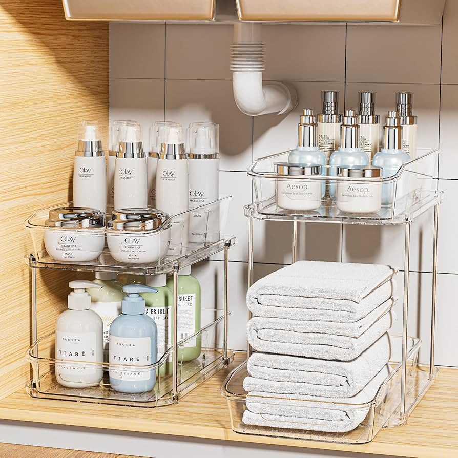 Delamu 2 Sets of 2-Tier Clear Under Sink Organizers and Storage, Multi-Purpose Stackable Bathroom... | Amazon (US)