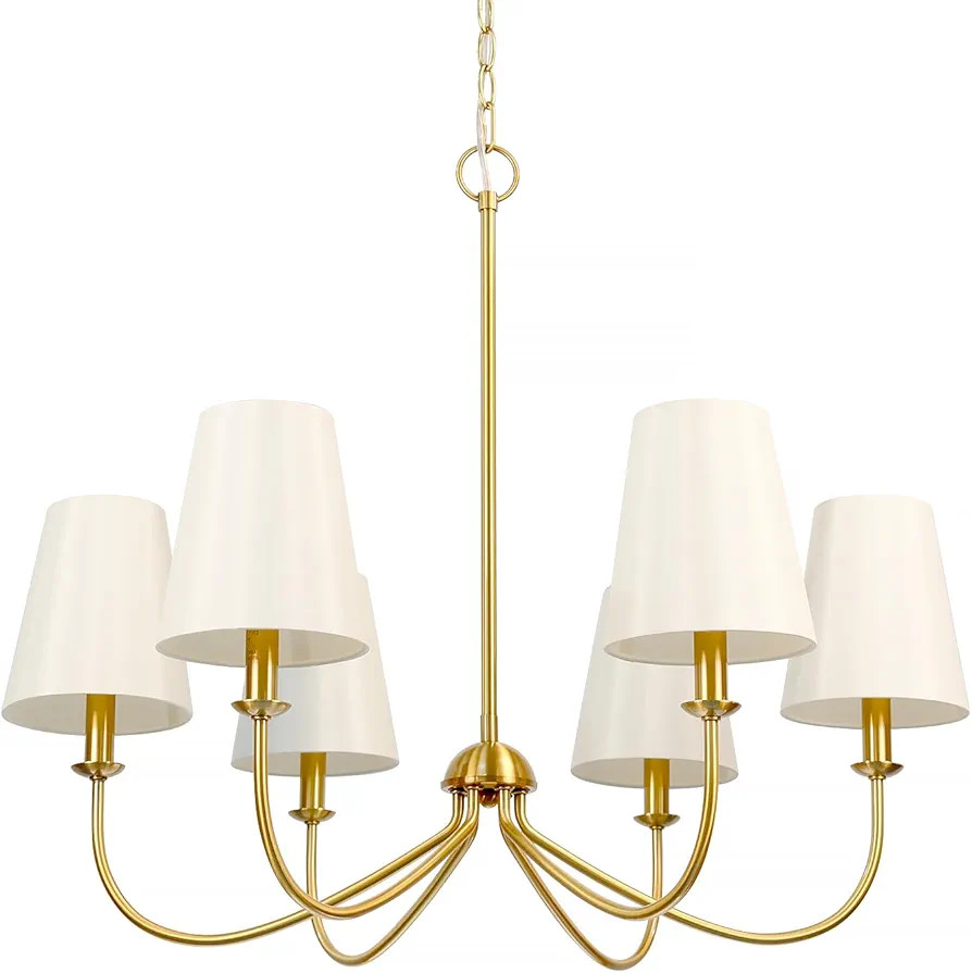 Gold Chandelier, Brushed Brass with Beige Fabric Shade, 6-Light 28" Modern Farmhouse Linear Penda... | Amazon (US)