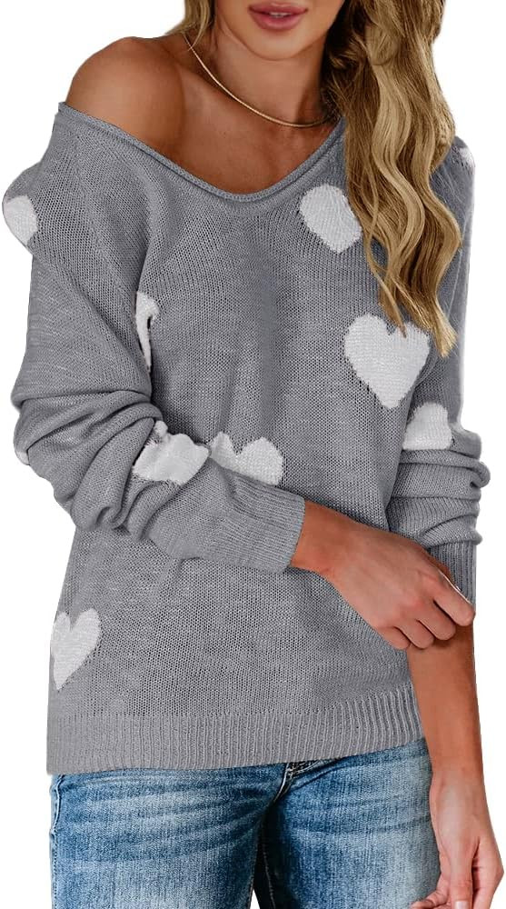 Tutorutor Womens Cute Love Heart Print Sweaters Oversized Off The Shoulder Loose Knitted Valentin... | Amazon (US)