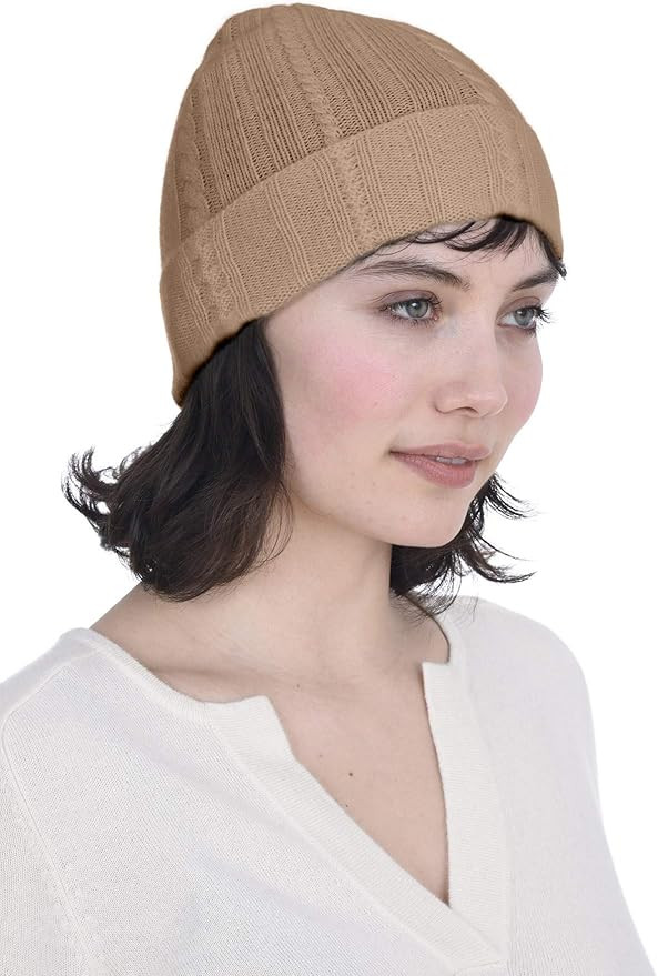 Cashmeren Fold-Over Cable Knit Beanie 100% Pure Cashmere Cuffed Brim Hat for Women | Amazon (US)