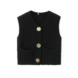Bold Golden Buttons Patch Pocket Chunky Knit Vest in Black | Chicwish