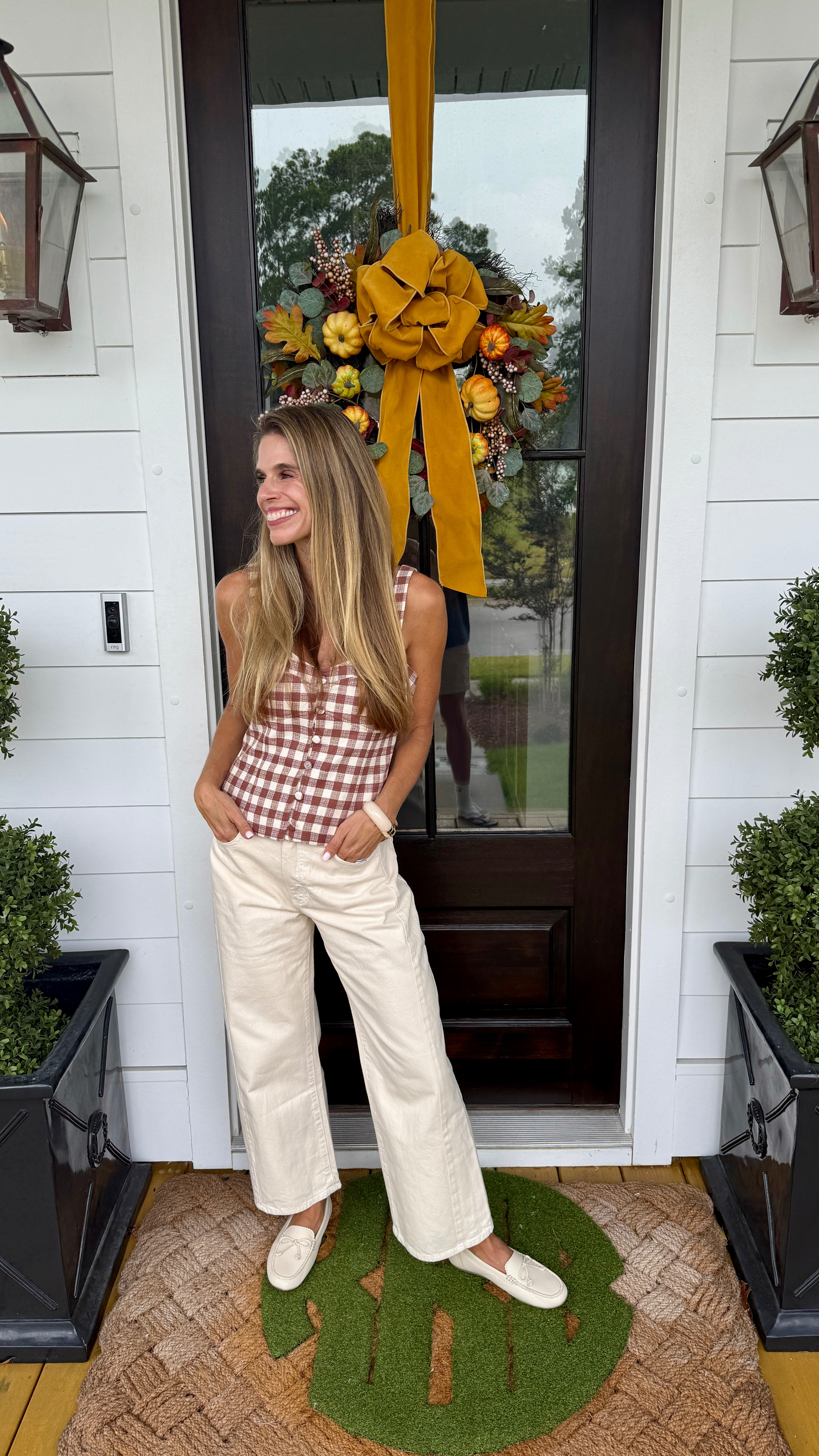 Hill House Home Fall gingham top on sale. Cream denim, comfy loafers. Fall wreath

#LTKSeasonal #LTKOver40 #LTKSaleAlert