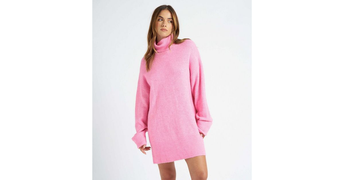 Urban Bliss Mid Pink Ribbed Knit Roll Neck Mini Dress | New Look | New Look (UK)